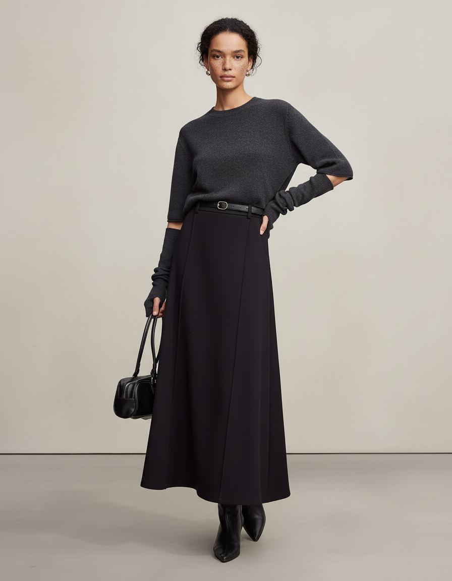 Jupe Longue Noire Évasée Chic Femme