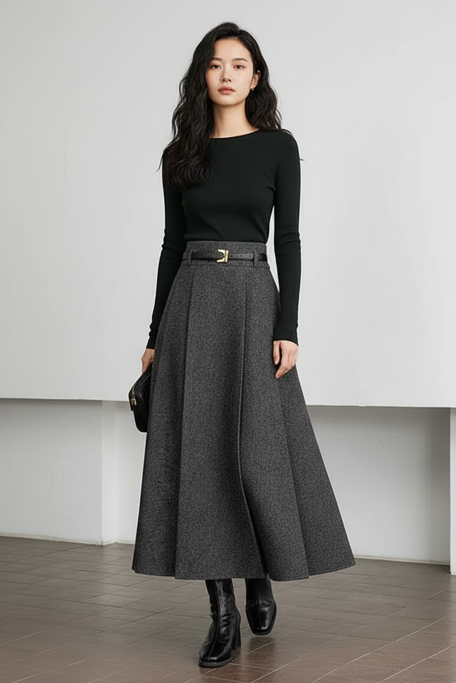 Jupe Longue Laine Plissée Élégante