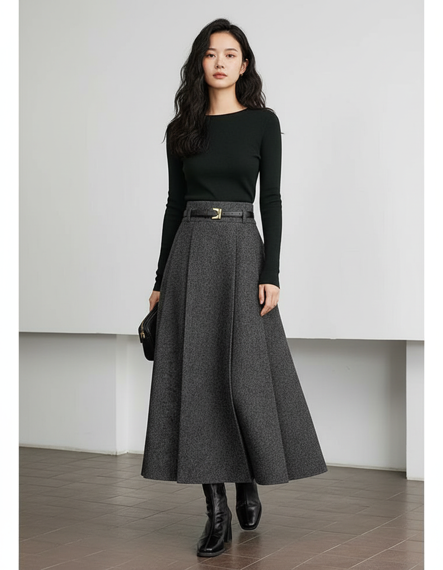 Jupe Longue Laine Plissée Élégante