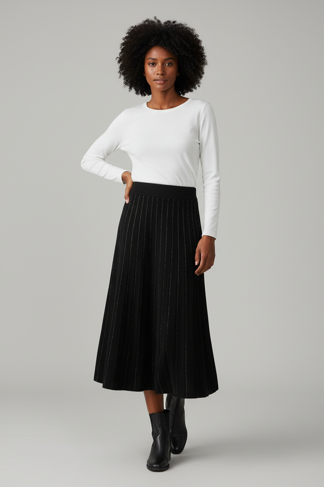 Jupe Longue Plissée Noire Brillante Chic