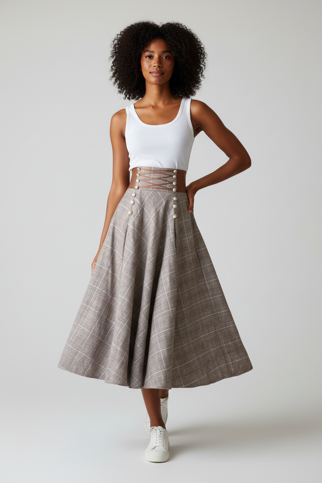 Jupe Longue Chic Carreaux Taille Haute