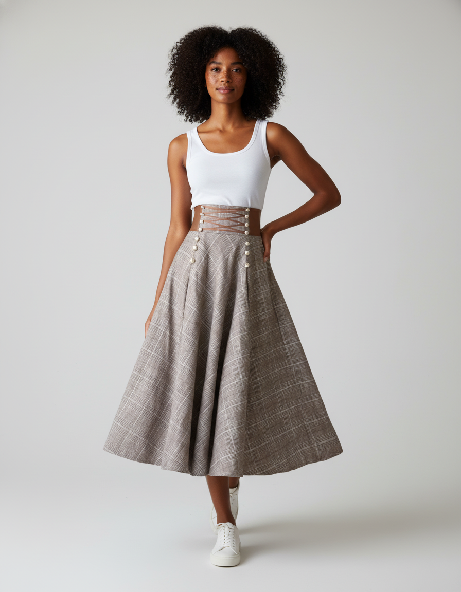 Jupe Longue Chic Carreaux Taille Haute