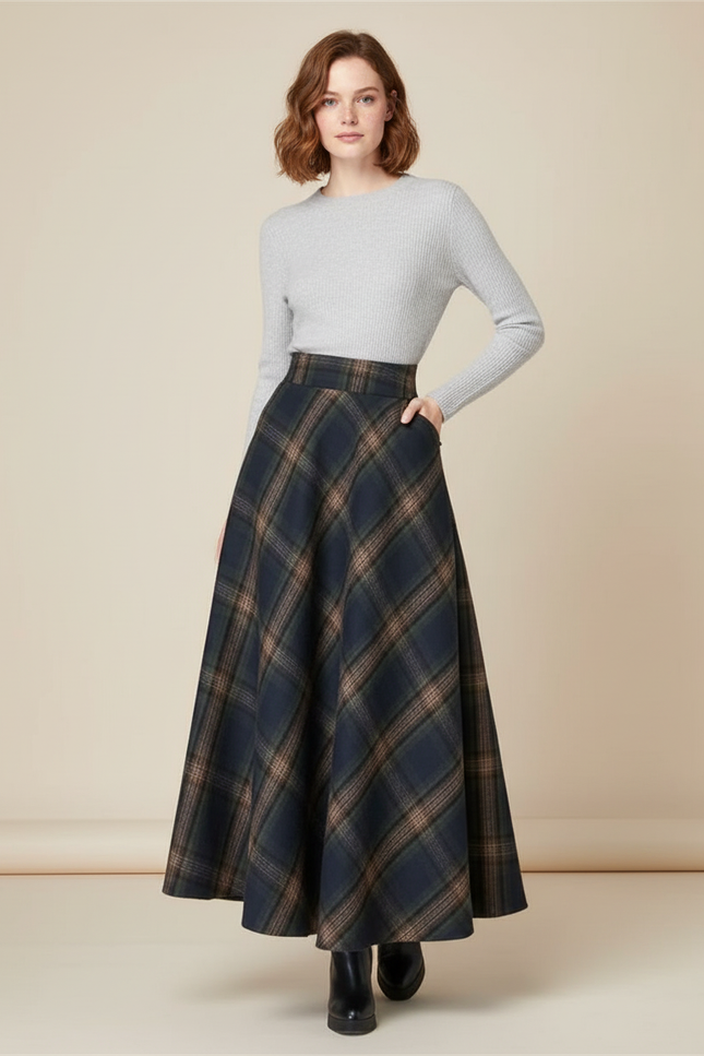 Jupe Longue Laine Carreaux Évasée Chic