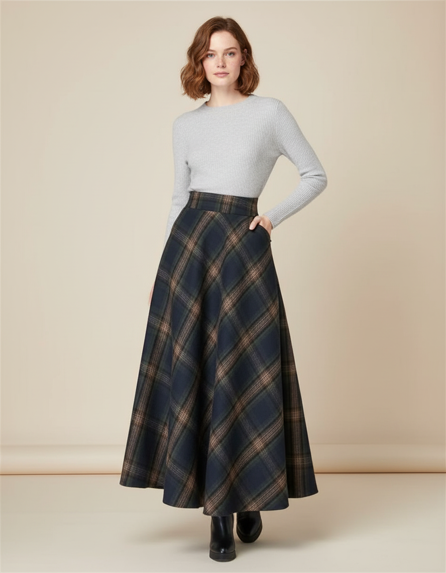 Jupe Longue Laine Carreaux Évasée Chic