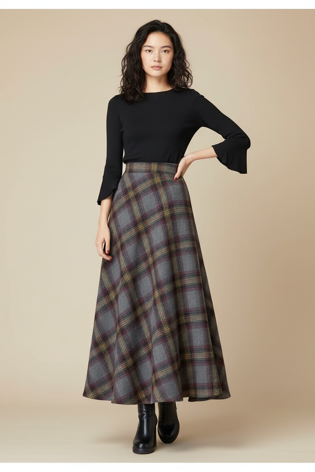 Jupe Longue Grise Carreaux Chic