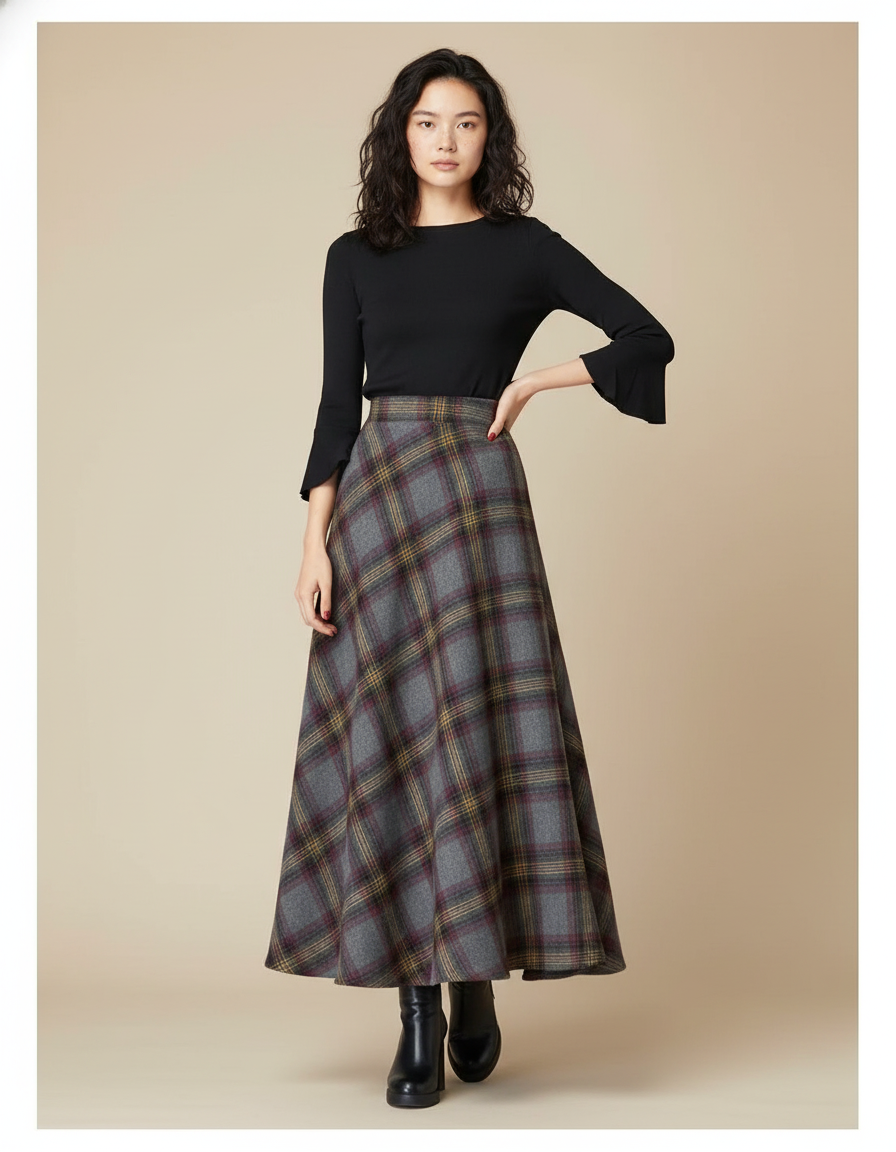 Jupe Longue Grise Carreaux Chic