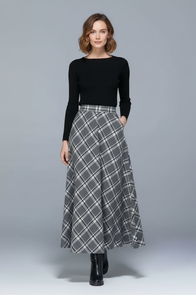 Jupe Longue Carreaux Taille Haute Chic