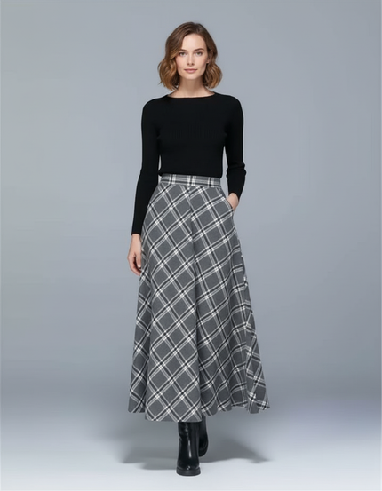 Jupe Longue Carreaux Taille Haute Chic