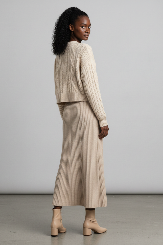 Jupe Longue Crème Côtelée Fluide