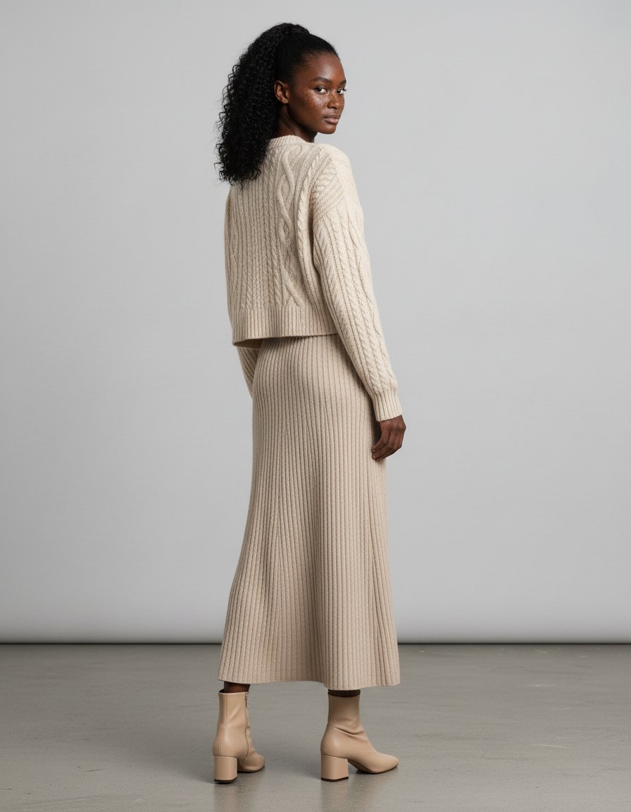 Jupe Longue Crème Côtelée Fluide