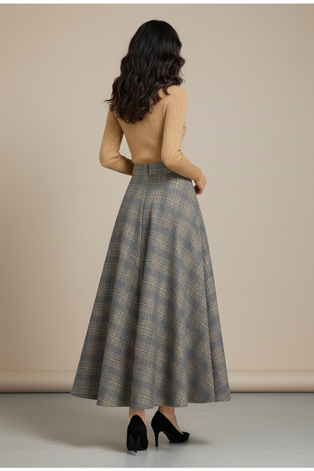 Jupe Longue Plaid Laine Élégante Hiver
