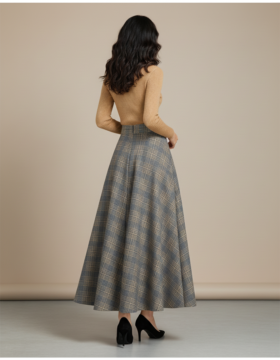 Jupe Longue Plaid Laine Élégante Hiver