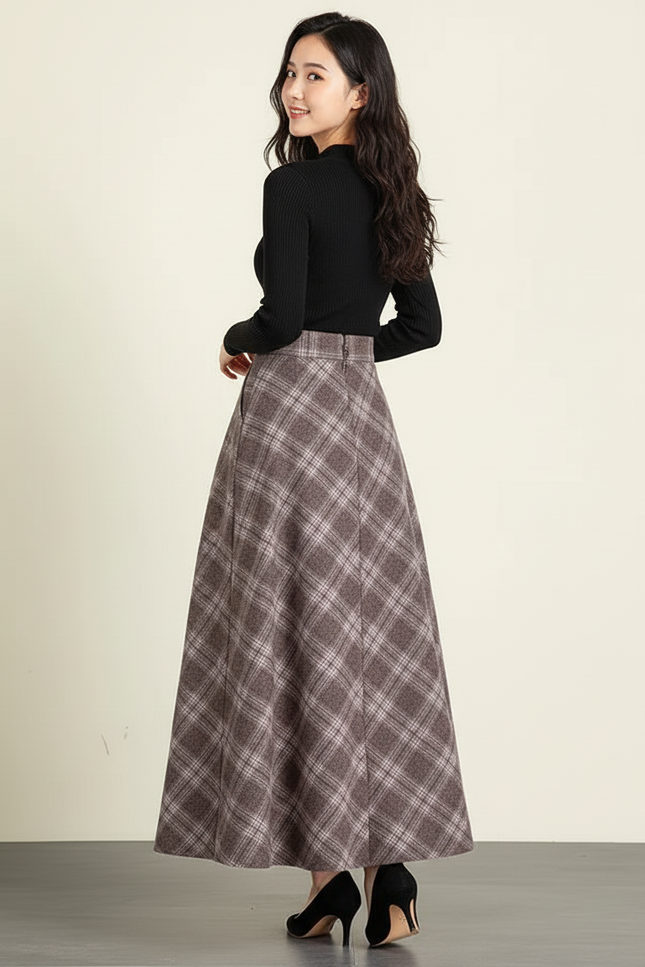 Jupe Longue À Carreaux Laine Élégante