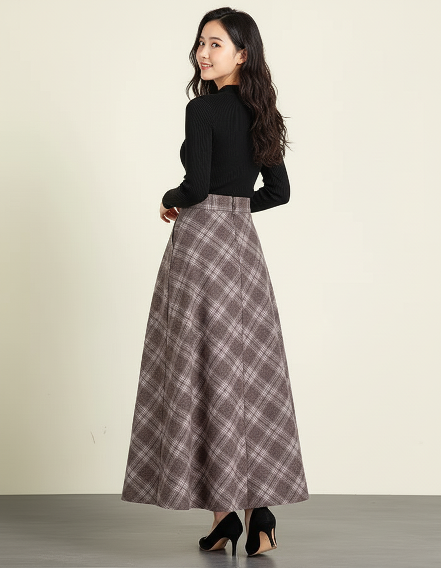 Jupe Longue À Carreaux Laine Élégante