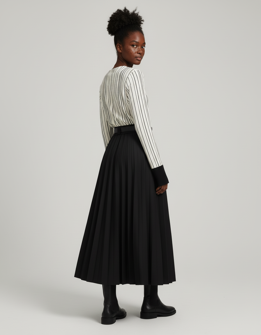 Jupe Longue Noire Plissée Chic Femme