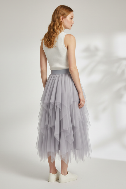 Jupe Longue Tulle Grise Fluide