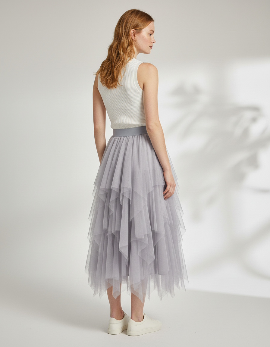 Jupe Longue Tulle Grise Fluide