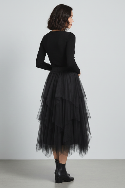 Jupe Longue Noir Tulle Superposé Chic
