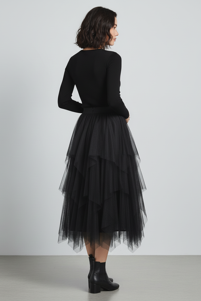 Jupe Longue Noir Tulle Superposé Chic