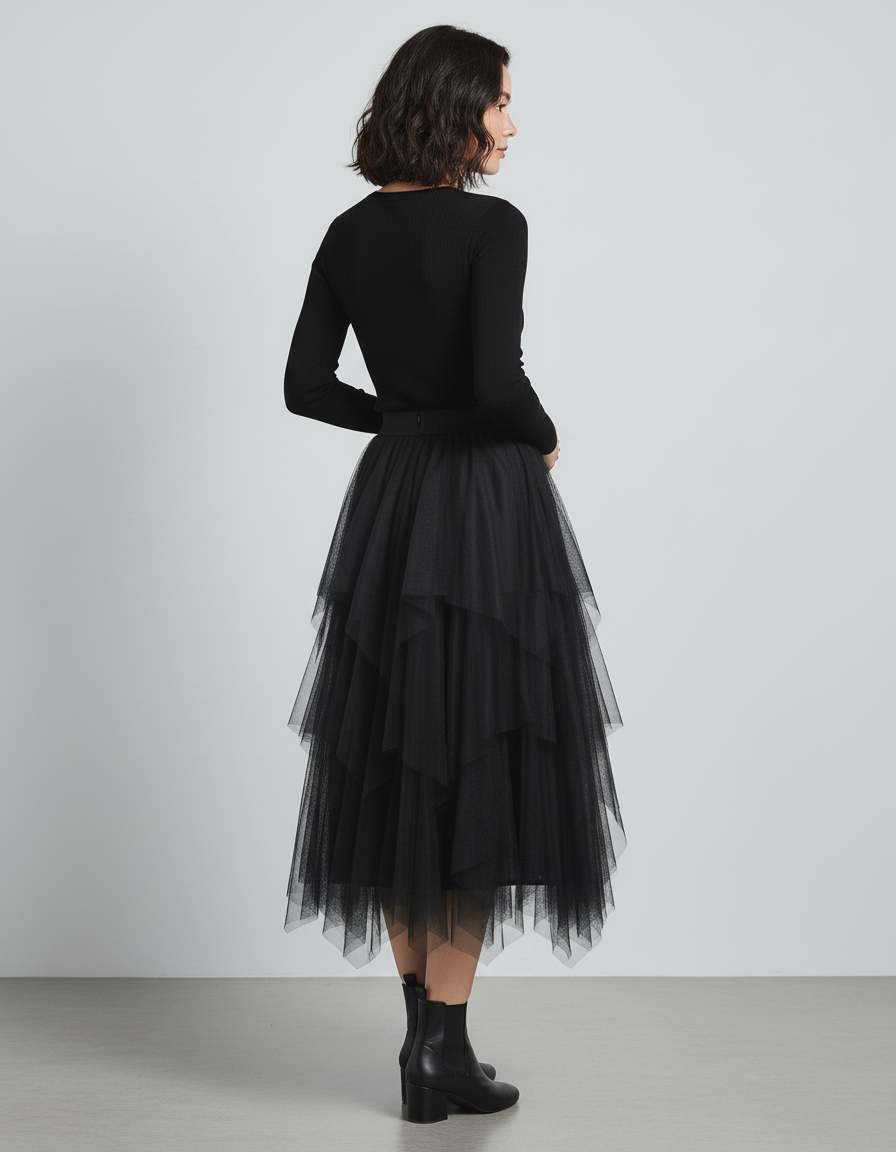 Jupe Longue Noir Tulle Superposé Chic