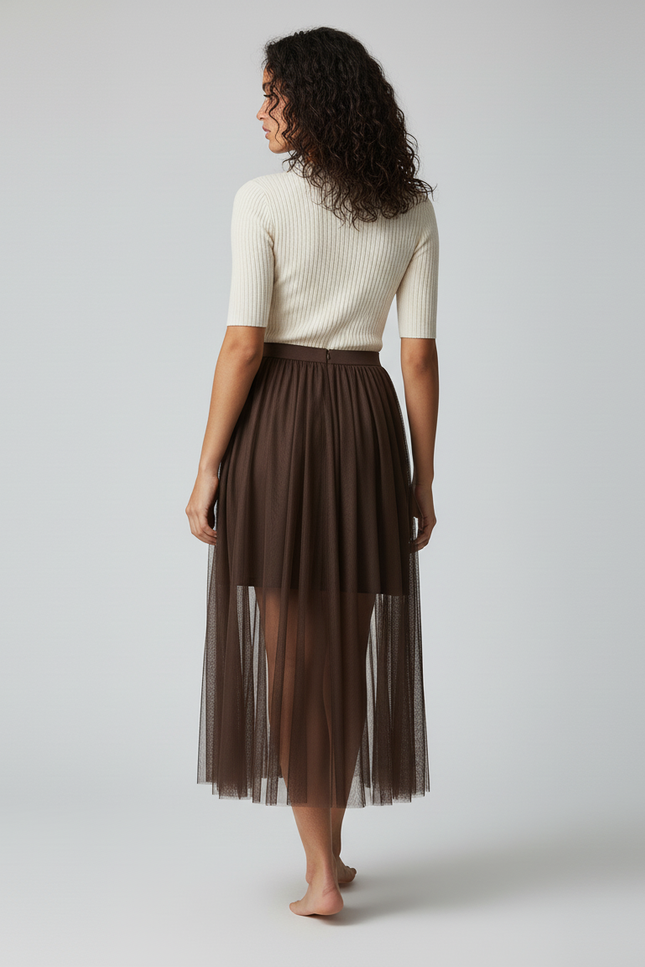 Jupe Longue Tulle Marron Fluide Chic