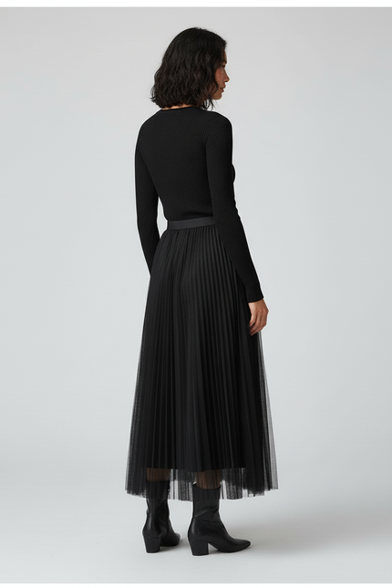 Jupe Longue Noire Plissée Élégante Mode