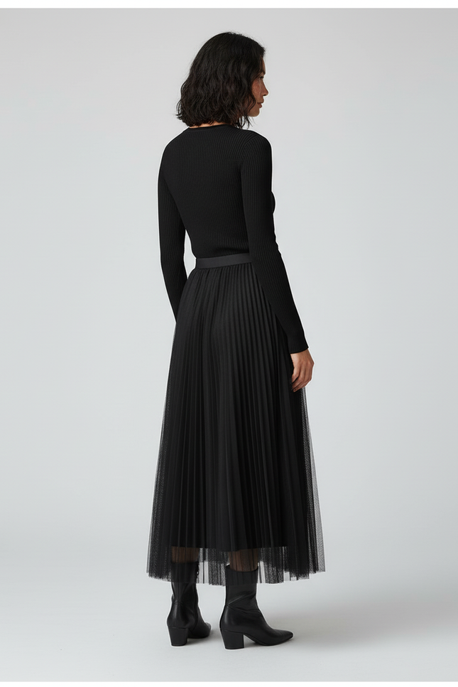 Jupe Longue Noire Plissée Élégante Mode