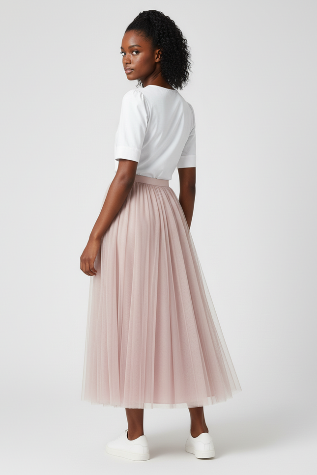 Jupe Longue Tulle Rose Poudré Fluide