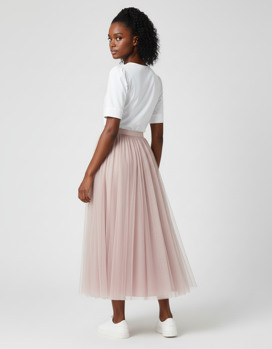 Jupe Longue Tulle Rose Poudré Fluide