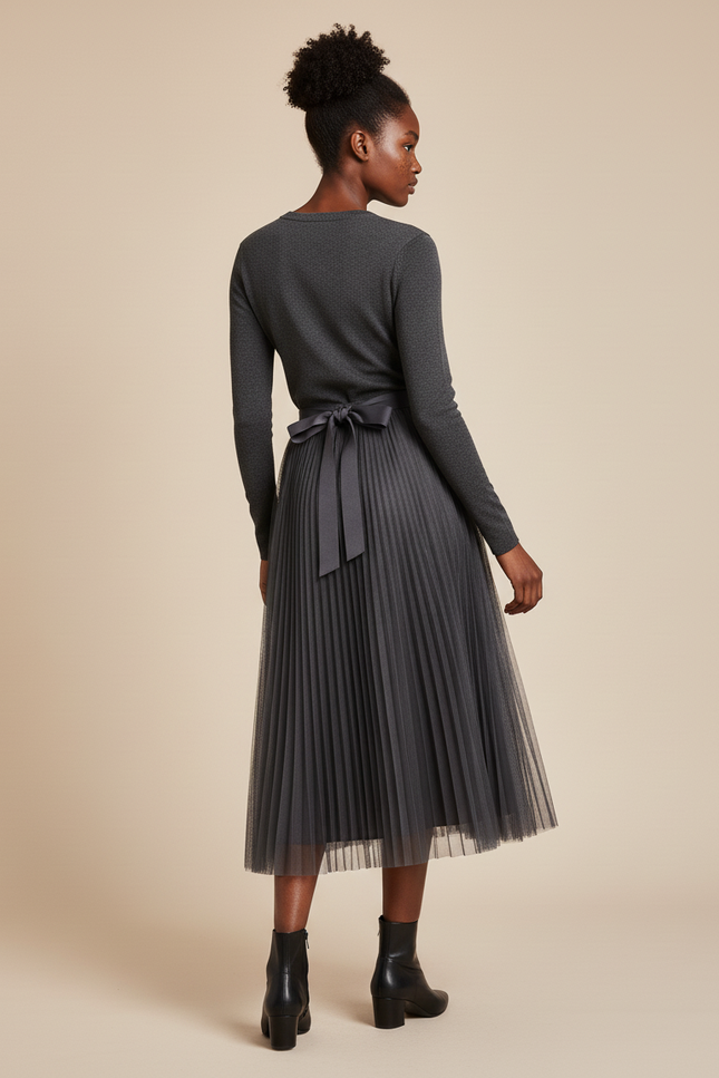 Jupe Longue Tulle Plissée Grise Fluide