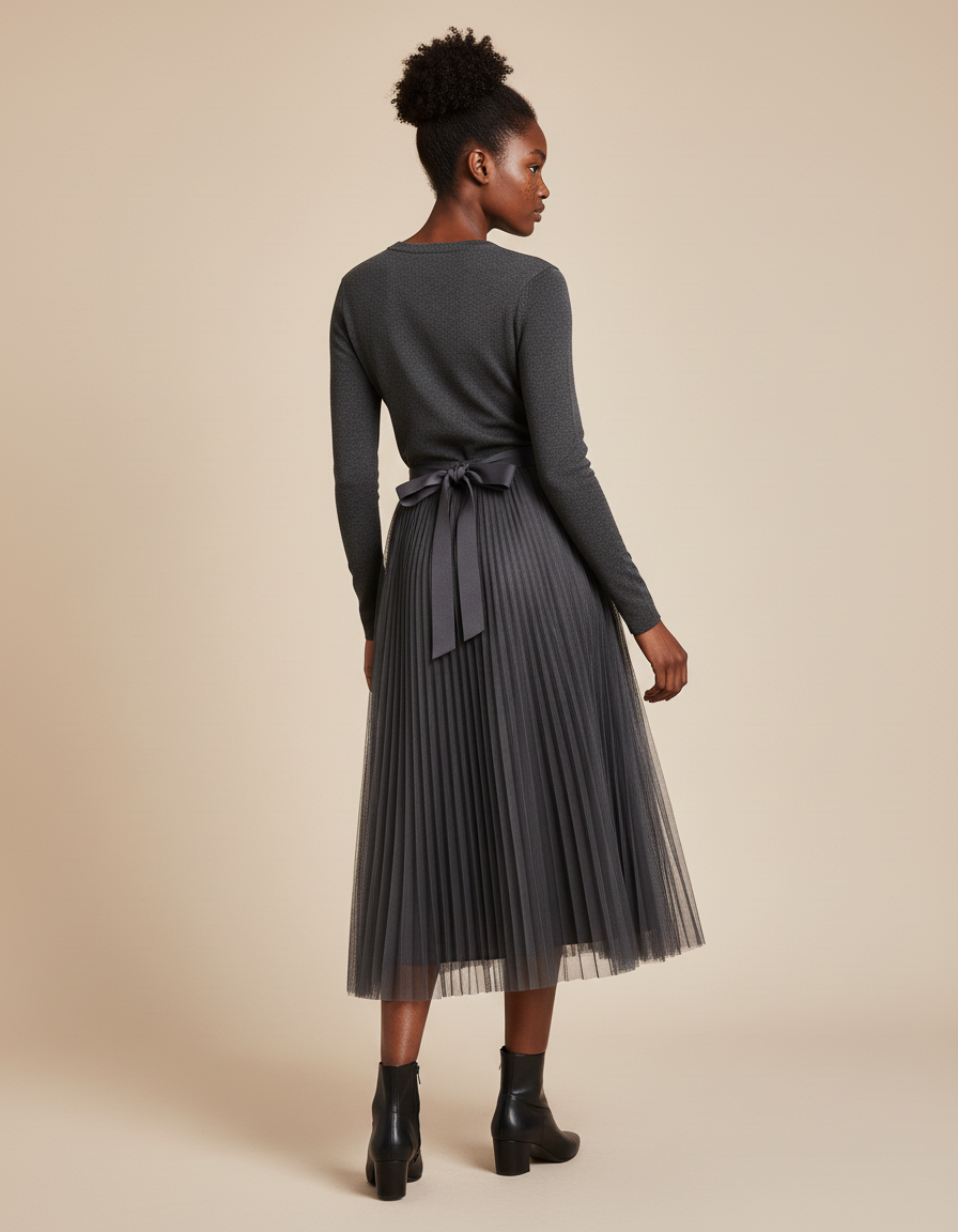 Jupe Longue Tulle Plissée Grise Fluide