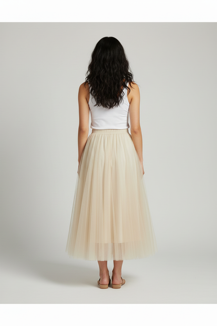 Jupe Longue Tulle Beige Plissée