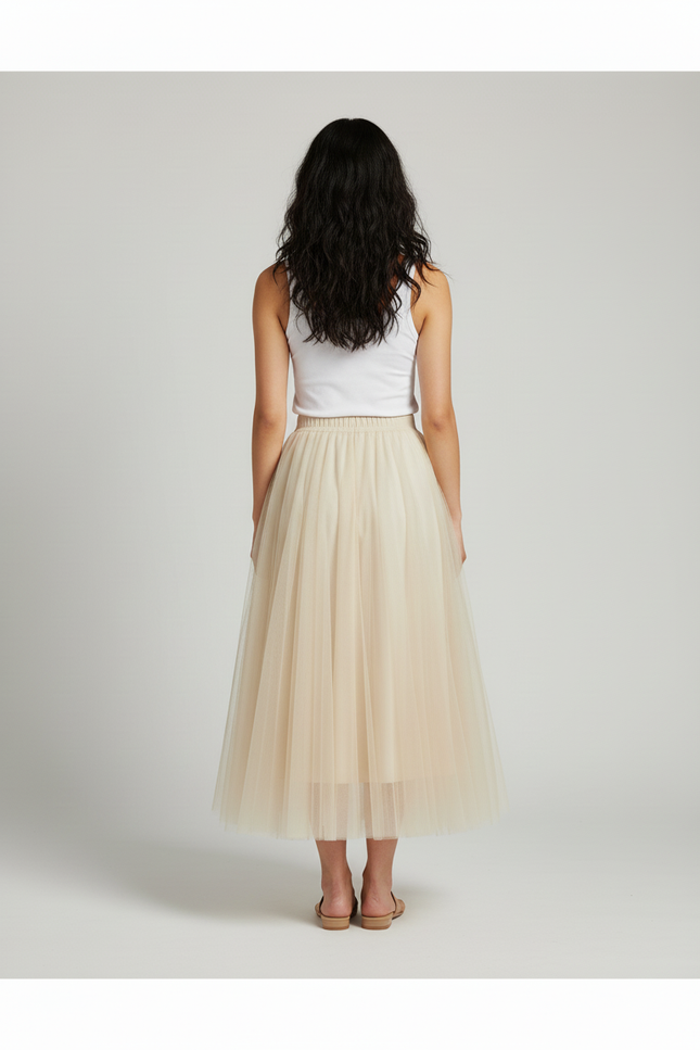 Jupe Longue Tulle Beige Plissée