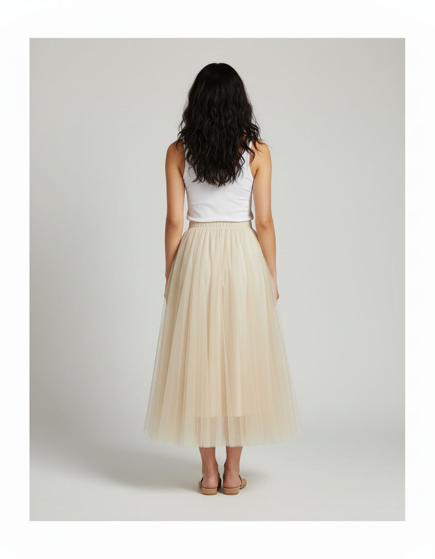 Jupe Longue Tulle Beige Plissée