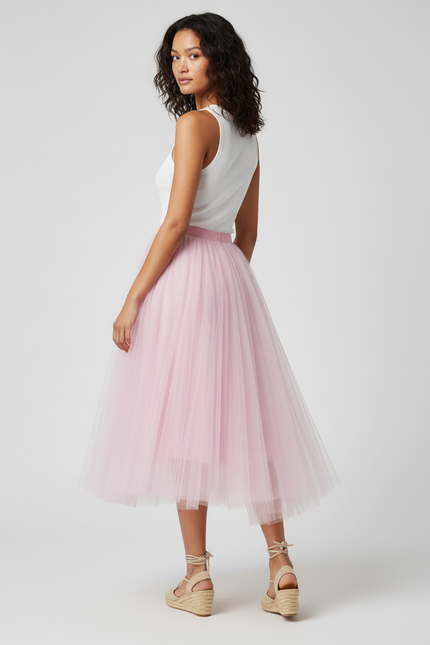 Jupe Longue Rose Pâle Tulle Plissée