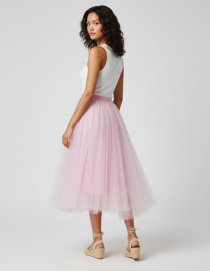 Jupe Longue Rose Pâle Tulle Plissée