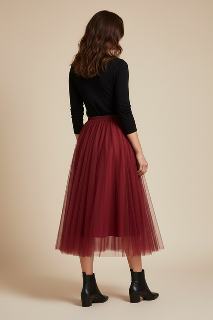 Jupe Longue Bordeaux Tulle Plissée