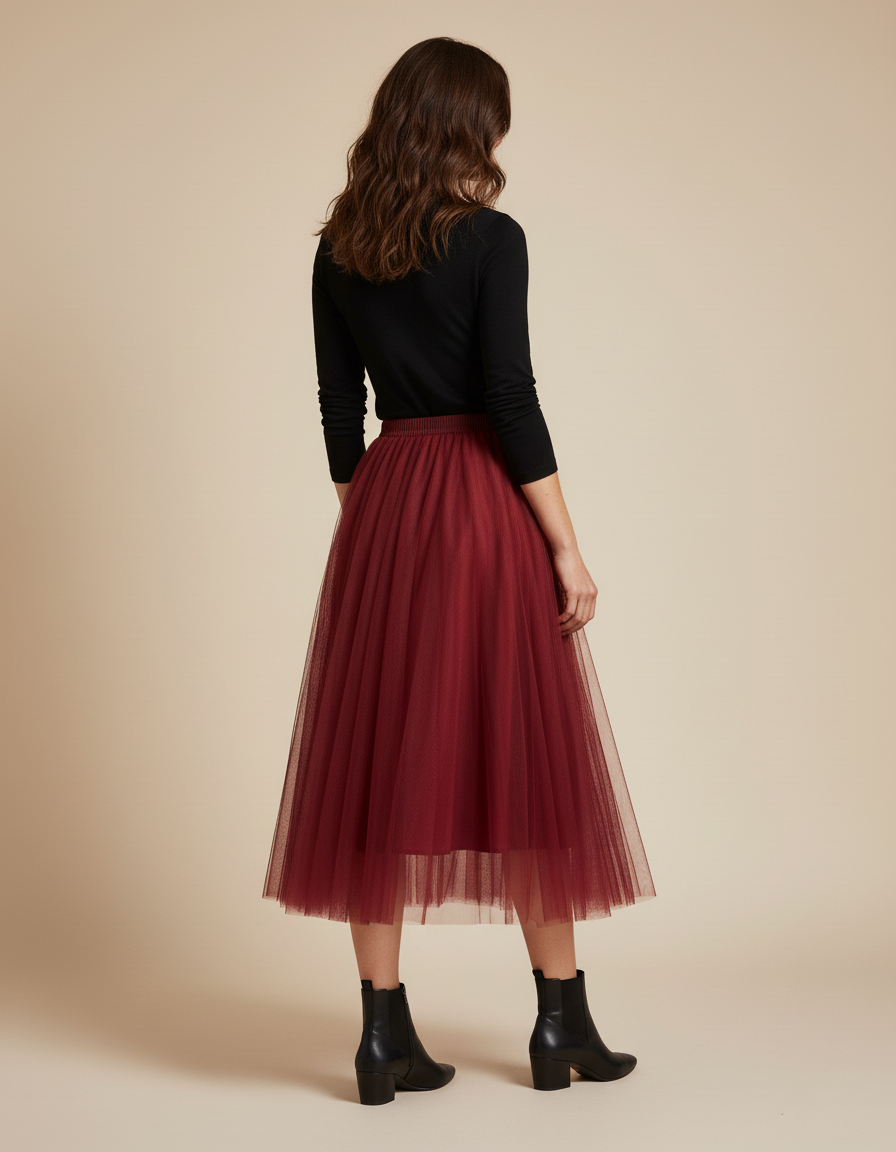 Jupe Longue Bordeaux Tulle Plissée