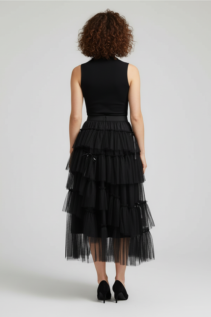 Jupe Longue Tulle Noir Chic À Volants