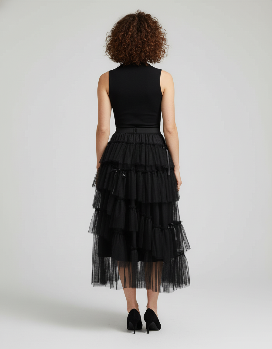 Jupe Longue Tulle Noir Chic À Volants