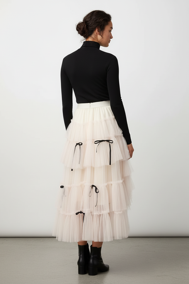 Jupe Longue Tulle Écru Volants Chic