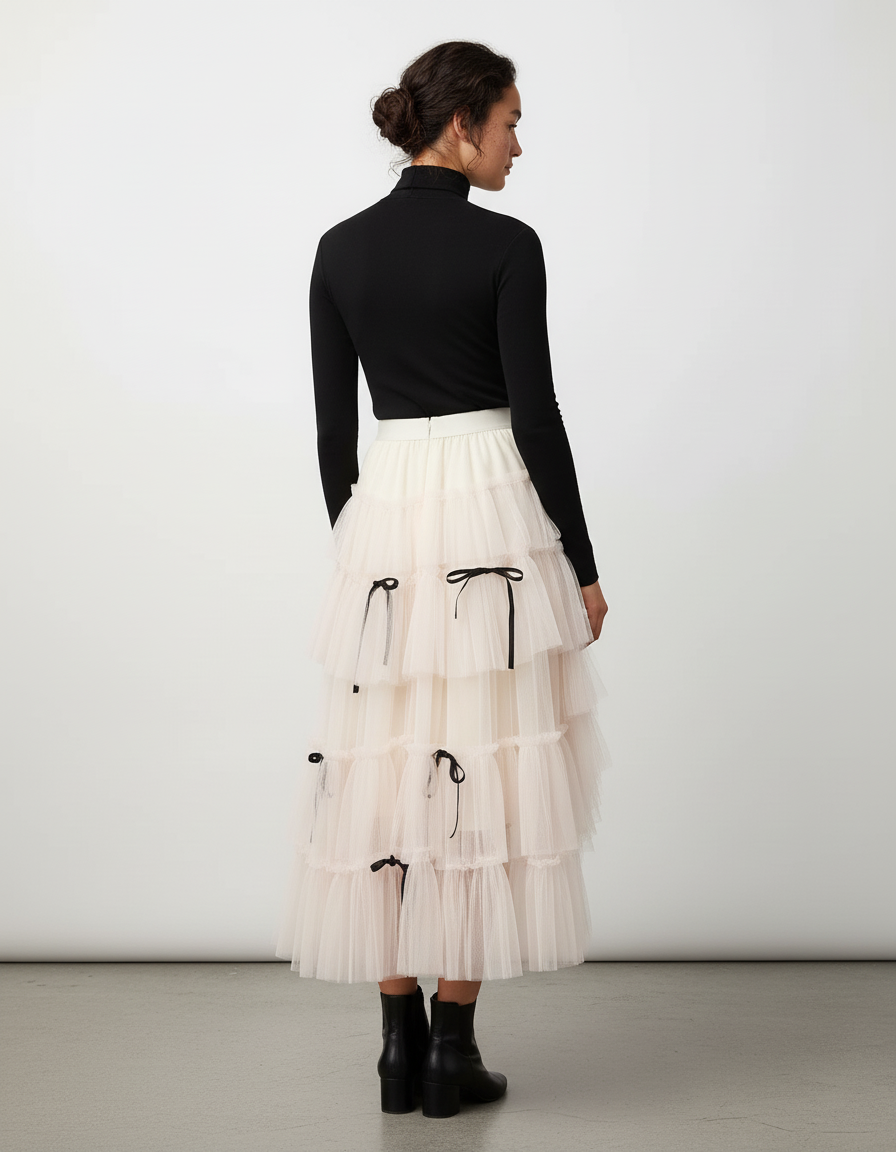 Jupe Longue Tulle Écru Volants Chic