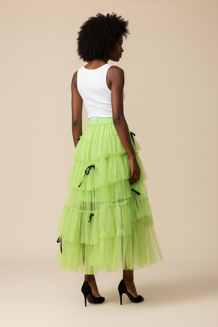 Jupe Longue Vert Anis Volants Chic