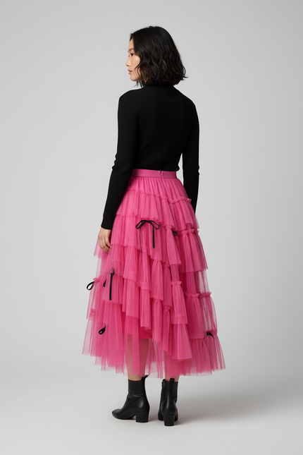 Jupe Longue Rose Fuchsia À Volants Fête
