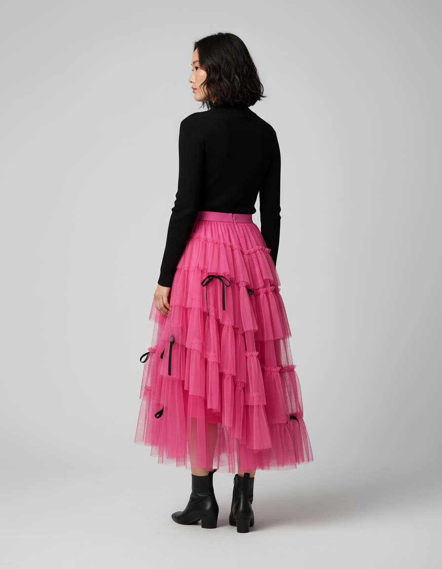 Jupe Longue Rose Fuchsia À Volants Fête