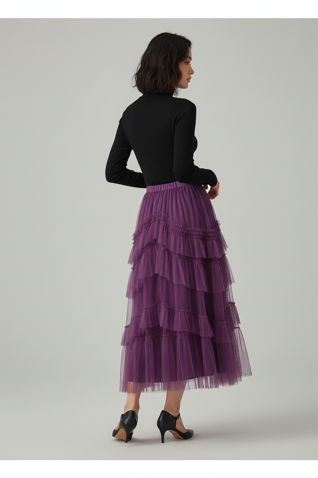 Jupe Longue Élégante Tulle Violette À Volants