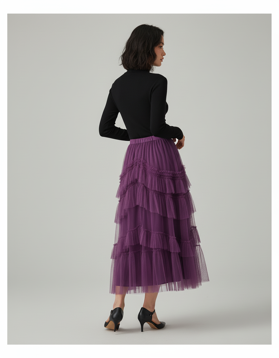 Jupe Longue Élégante Tulle Violette À Volants