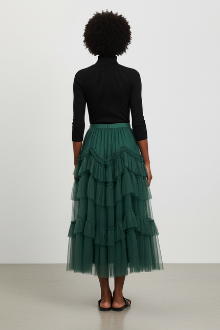 Jupe Longue Vert Émeraude Tulle Volants Élégante