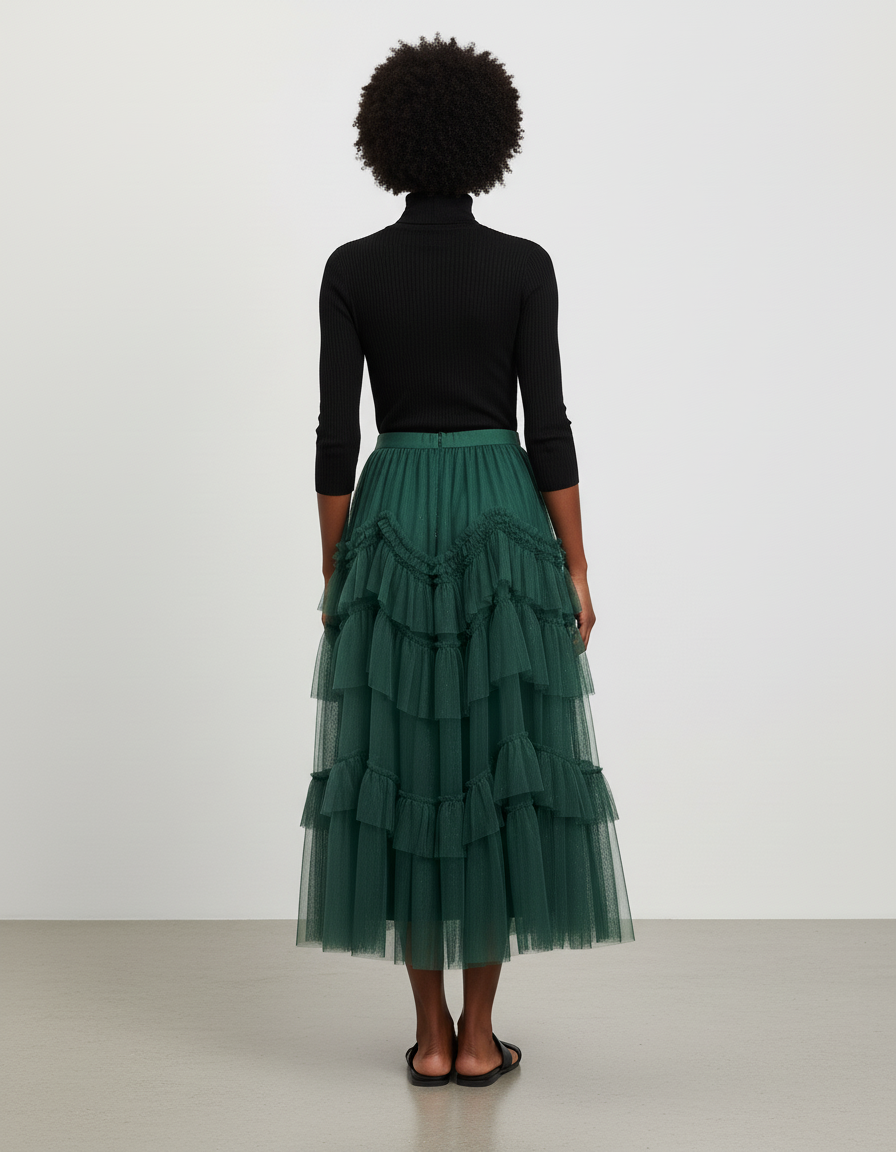 Jupe Longue Vert Émeraude Tulle Volants Élégante