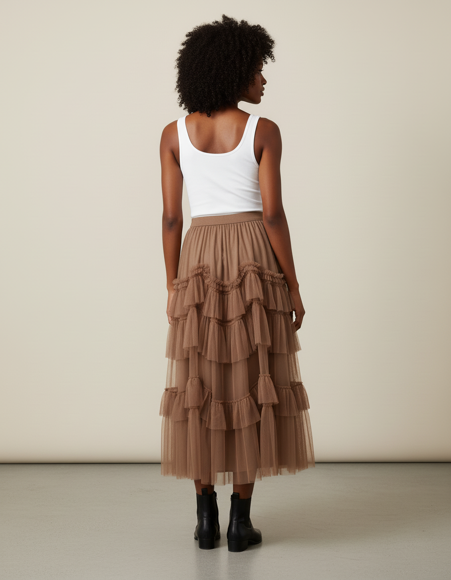 Jupe Longue Tulle À Volants Élégante Chic